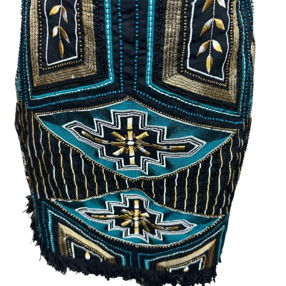 H&M Southwestern print mini skirt, size 14, fringe, sequins/beads - Picture 2 of 16